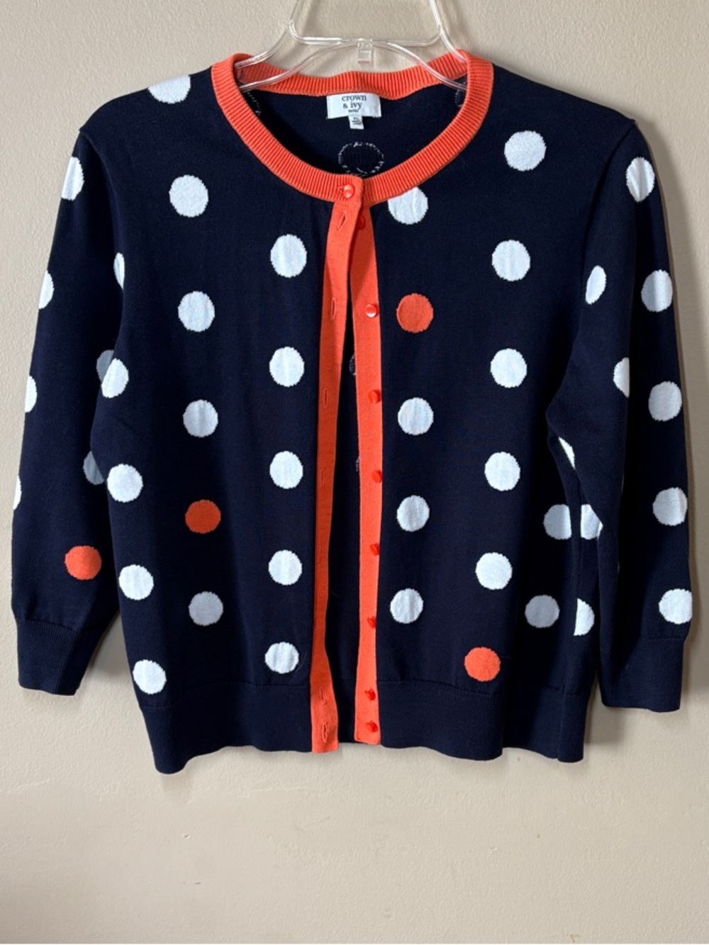 crown & ivy Navy Polka Dot Cardigan with Orange Trim, LP